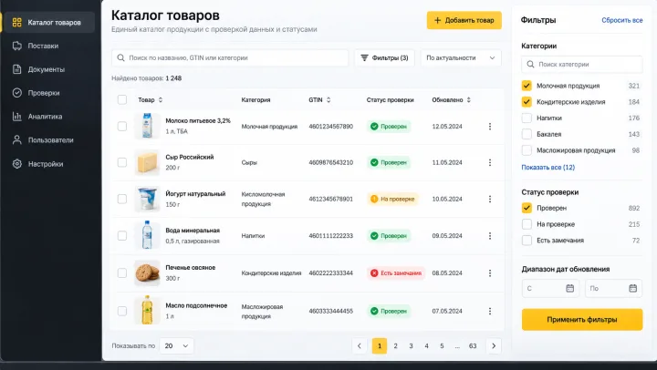 Интерфейс каталога товаров и карточек продукции